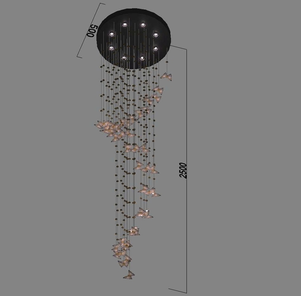 Đèn chùm pha lê thả thông minh PL064 gồm mâm tròn inox gương trắng 8K,45 bướm pha lê, 8 đèn dimmer, KT(mm): D500 x H2500